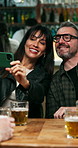 Selfie, love or couple in pub with fun, picture memory or bonding post on weekend break. Smile, digital or mature people with beer, relationship connection or moment capture for social media photo.
