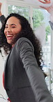 Celebration, business woman and dance in office with documents in air for achievement, success or victory. Teamwork, collaboration and people with winning, throw paperwork or excited for good news