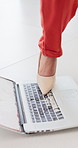 Smash, laptop and feet of business woman with mistake, anger and frustrated for online error. Stress, office and person with computer for damage, breaking and angry for problem, crisis and fail