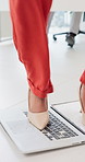 Angry, laptop and feet of business woman with mistake, anger and frustrated for slow internet. Stress, office and person with computer for damage, smash and rage for problem, crisis and disaster