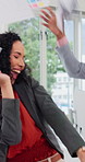 Excited, business woman and dance in office with documents in air for achievement, success or victory. Teamwork, collaboration and people with winning, throw paperwork or celebration for good news