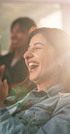 Woman, applause and celebration at sports bar, watching tv or crowd for goal in soccer competition. People, friends and excited for cheers, football match or live stream for international game at pub