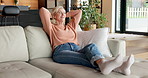 Thinking, happy woman and relax on sofa, stretching and wellness on weekend break with peace at home. Rest, reflection and mature person in living room for comfort, thoughts and calm with self care