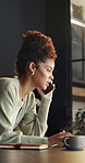 Woman, laptop and phone call in home with remote work, discussion and virtual assistant for business. Freelancer, person and contact in house with tech, administration assistance and conversation.