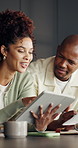 Tablet, happy and black couple in kitchen at house with online savings, investment or research. Laugh, digital technology and African man with woman for reading finance blog on app in apartment.