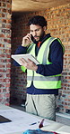 Man, engineer and tablet with phone call for planning construction project, infrastructure and network. Architect, tech and person with communication, talking and check schedule for renovation or app