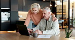 Hug, finance and old couple with laptop in home for mortgage, pension planning and support. Man, woman and computer for budget discussion, retirement savings and investment with love at house