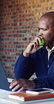 Architect, laptop and apple with black man on construction site for planning or research. Technology, feedback and snack with building design on worksite for civil engineering or project management