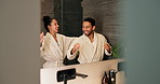 Dance, energy and mirror with couple in bathroom of home for bonding or morning routine. Having fun, reflection and rhythm with happy people in apartment together for hygiene, support or wellness