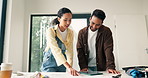 Home renovation, ideas and couple with blueprint, smile or plan for diy interior design in apartment. Happy people, point and discussion with document, property development and creative in new house