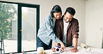 Couple, talk and renovation in new home with blueprint, support or brainstorming for interior design. Married people, smile and floor plan in house with remodeling project, property layout or opinion