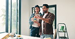 Couple, discussion and moving in new house with color swatch, interior design decision or renovation. Married people, talk and paint options in home for remodeling project, property upgrade and plan.