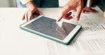 Hands, tablet screen and couple at new house with blueprint, layout or sketch for interior design. People, pointing and digital in home with floor plan, renovation and diy construction for remodeling