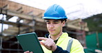 Engineer, man and scroll on construction site with tablet, online building design and reading report. Person, research and browsing outdoor with digital tech, infrastructure and civil engineering.
