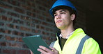 Architect, man and thinking at construction site with tablet, plan and check online building design. Person, browsing and architecture inspection with tech, infrastructure and property development.