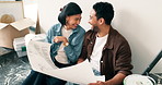 Couple, laugh and renovation in new home with blueprint, real estate or funny interior design opinion. Happy, married people and talk in house with remodeling project, joke and floor plan for layout.