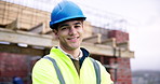 Face, builder and happy man at construction site with architecture, development and infrastructure. Portrait, helmet and civil engineer outdoor for building safety, confidence and career pride