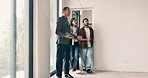 Realtor, walk and viewing with couple at new house, tour or property evaluation for real estate. Shock, people or consultant with tablet for inspection, home showcase and client guidance for purchase