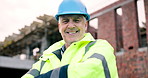 Face, architect and happy man at construction site with confidence, development or protection hard hat. Smile, engineering inspector and mature person with arms crossed, safety helmet and portrait