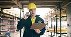 Phone call, man or engineer with clipboard at construction site, walking or inspection schedule. Mobile, checklist and person talking for building project, development report or engineering review