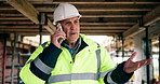 Phone call, engineer and mature man at construction site, walking or update for building supplies. Mobile, architecture and person talk to contact for development materials, report or engineering