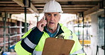 Phone call, engineer and man at construction site with checklist, walk or chat for building schedule. Mobile, architecture and mature person with clipboard, development report or project coordination