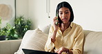 Laptop, phone call and remote work with woman on sofa in home living room for feedback or update. Computer, conversation and report with freelance employee in apartment for discussion or negotiation