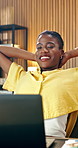 Black woman, laptop and relax in home office for remote work, research and done with editing project. Happy, journalist and stretching with tech in house for online article, freelancer and finished