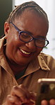 Old woman, relax and laugh in home with phone, social media and comedy video for reunion. Smile, senior people and friends in lounge with mobile app, funny message and browsing website for gathering
