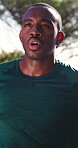 Runner, breathing and tired with black man in nature for resting stop, fitness and break. Health, exercise recovery and exhausted with person outdoor for fatigue, sports and endurance training