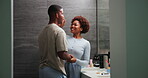 Couple, cream and skincare in home bathroom with bonding, pamper and happy for connection. Black man, woman and playful in house with dermatology, grooming and hygiene with product for wellness