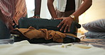 Hands, travel and couple packing suitcase for adventure, vacation or journey with baggage. People, luggage and prepare for International holiday together with tourist, clothing and trip in hotel