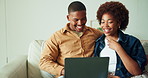 Couple, laugh and watching movie on couch with laptop, bonding together or funny joke for comedy show. Happy, married black people and relax in home with computer, streaming film or humor for series.