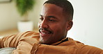 Black man, relax and calm in home with thinking, reflection or perspective on off day in living room. Male person, rest or break with vision, peace and happy mindset with mindfulness at house