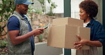 Woman, delivery man and package with tablet for logistics, shipping and ecommerce by home front door. People, employee and customer with tech for parcel, supply chain and service with gratitude