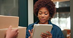 Delivery, signature and woman in home with tablet, digital invoice and online receipt for parcel. Happy, ecommerce and person on tech with customer package for courier service, shipping and order