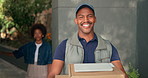 Face, delivery man and package with smile for logistics, shipping and ecommerce with distribution. People, employee and customer with tech for parcel, supply chain and pride with client service