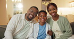 Pride, smile or black family on couch with face, security or bonding together in loving connection. Support, parents or child in home with portrait, trust or happy moment in healthy relationship.