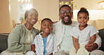 Support, smile or black family in house with face, security or bonding together in loving connection. Flare, parents or children in home with hug, trust or happy moment in healthy relationship.