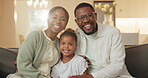 Support, smile or black family in home with face, security or bonding together in loving connection. Flare, parents or girl in house with portrait, trust or happy moment in healthy relationship.