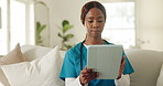 Woman, nurse and tablet in home for healthcare, patient report or scroll telehealth app. Black person, record medical info or check caregiver schedule, online agenda or medicine log with tech on sofa