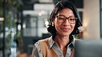 Happy, woman and laptop with reading in office for publication revision, blog feedback or approval. Creative, editor and smile with tech at media agency for story angle, grammar check or proofreading