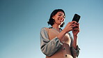Phone, smile and texting with business woman outdoor for client contact, communication and realtor post. Online property feedback, social media and low angle of person for real estate space 