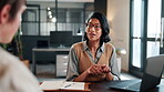 Financial advisor, talking and woman with client in office, investment tips and research with laptop. Wealth management, chat and people with tech, advice and estate planning with info in business