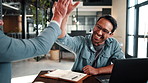 High five, discussion and business men in office for good news on finance report with teamwork. Happy, collaboration and financial advisors with celebration for positive feedback on investment.