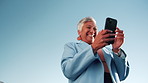 Business, mature or happy woman with phone on space for outdoor network, texting or communication. Female person, employee or smile with smartphone or blue sky for online chatting or social media app