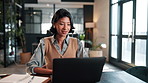 Business, laptop and happy woman in office for accounting, finance or schedule report. Female person, accountant or employee with smile on computer for financial plan, budget or expenses in workplace