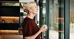 Thinking, coffee and window with old woman in home for reflection, beverage and weekend break. Perspective, self care and morning drink with senior person in living room of house for relax and vision