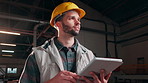 Tablet, thinking and carpenter in workshop for research on timber inventory for industrial project. Digital technology, man and woodworker with online feedback on furniture production at warehouse.