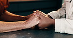 Holding hands, support and couple in home with comfort, love and connection in marriage. Care, console and man with woman for assurance, partnership or commitment in relationship together at house.